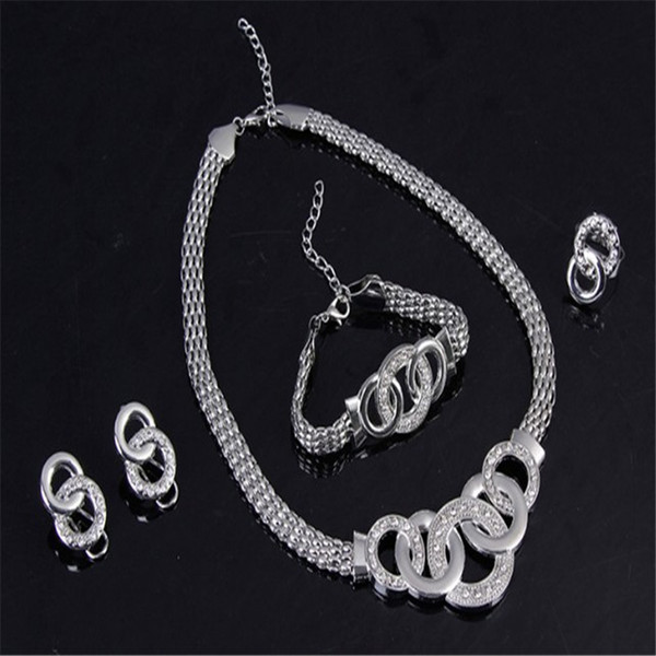 Fashion Pend Shining Crystal Double Circle Jewelry Sets Party Gold Pendant Necklace Drop Earrings Set For Women Gift HZ K6134