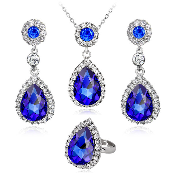 Classic water drop CZ Stone ring Necklace and Earrings Jewelry Sets for Women crystal Luxury Lady Wedding Party Jewelry Set