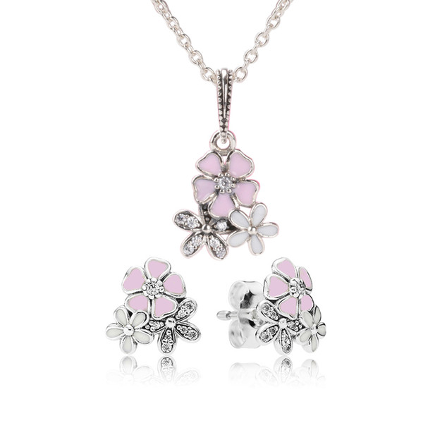 Original 925 Sterling Silver Pink Enamel flower Pendant Necklace Earring Set with box Fit Real Silver Pandora Jewelry Womens Earrings