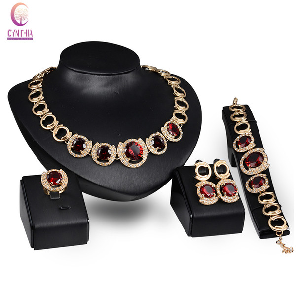 Fine Jewelry Set Gold color Red Green Zircon Pendant Fashion Austrian Crystal Necklace Bracelet Ring Earrings Wedding Party Set