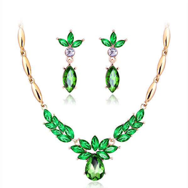 Green/Blue/Brown Stones Necklaces Women Fashion Earring Necklace Set Lady 18K Gold Exquisite Party Jewelry Sets