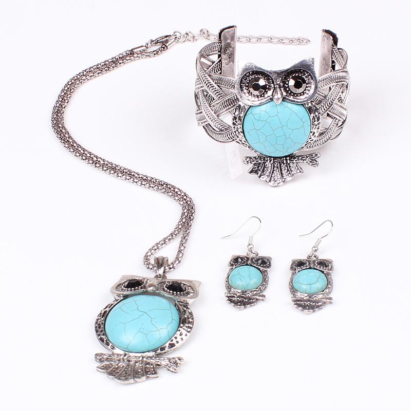 Free shipping Turquoise Vintage Jewelry set Owl Pendants chunky necklace Bangle earring set Choker Necklaces