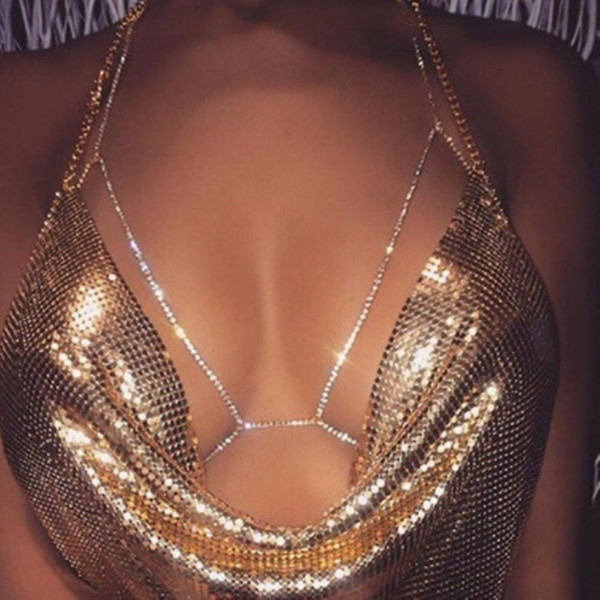 Sexy Crystal Charm Bra Body Chain Necklace Bikini Beach Crossover Harness Waist Belly Body Chain Jewelry Gold Silver