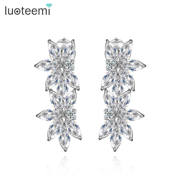 LUOTEEMI Wholesale Luxury Sparkling Clear Cubic Zircon Diamond Bridal Latest Design Rhodium White Gold Wedding Jewelry Drop Earrings