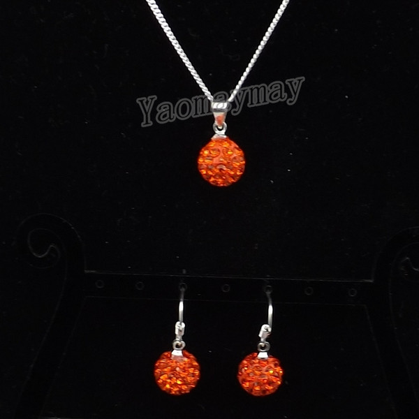 Orange Disco Ball Pendant Earrings And Necklace Crystal Jewelry Set For Women 10 Sets Wholesale