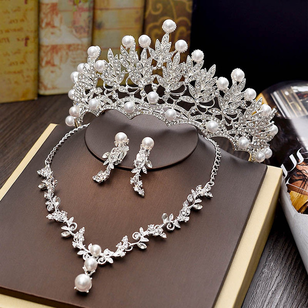 Wedding Tiara Necklace Earrings Simulated Pearl Hair Jewelry Bridal Birthday Party Hair Accessories Fashion Crown Women Gifts