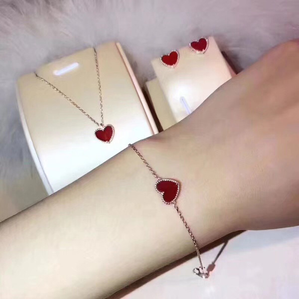 Brand Pure 925 Sterling Silver Jewelry For Women Rose Gold Heart Wedding Jewelry Set Red Heart Neckacle Earrings Bracelet Set