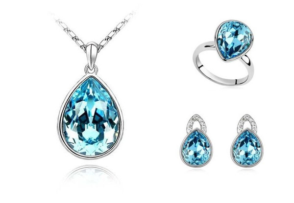 12 Sets,Water drop Necklace Pendant Ring Earring 3 pieces suit Inlaid Austria Crystal with swarovski elements Not fading lover jewelry