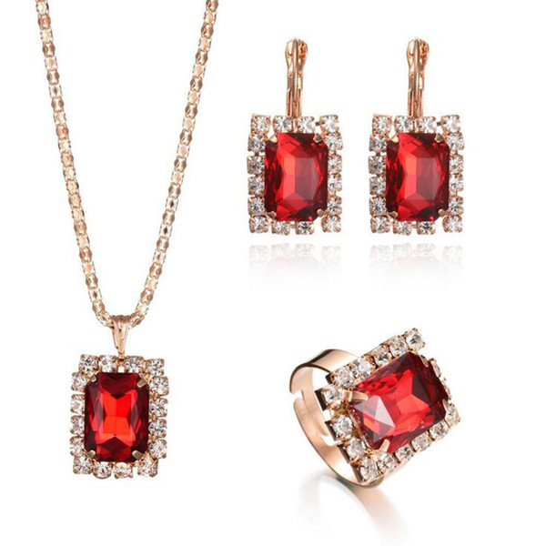 Newest Wedding Gift Square Crystal Earrings Short Necklace Adjustable Rings Jewelry Set Fashion Jewelry for women