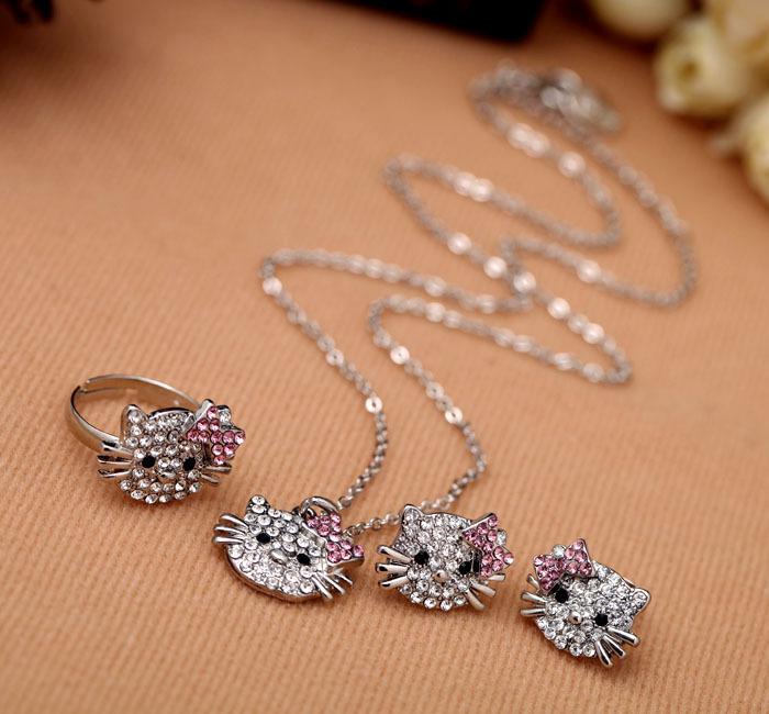 Fashion jewelry set Clear Rhinestone Rosy Red Rhinestone lovely cat crystal ring earrings, necklaces, 12pcs/lot