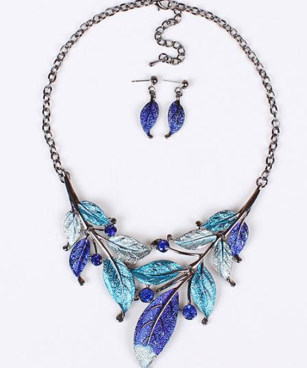 New Europe Vintage Party Casual Jewelry Set Women's Colorful Drop Glaze Leaves Necklaces With Earrings S99