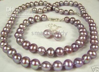 Fine 8-9mm Natural Muscatel purple grapes Pearl Necklace Bracelet Earrings Set