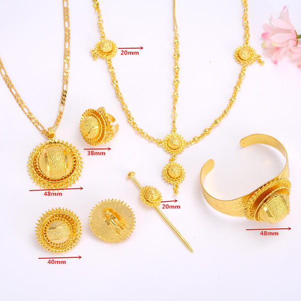 whole saleEthiopian Jewelry set Gold filled Pendant Necklaces/Earrings/Ring/Bangle hairchain African Bridal Habesha women Wedding Gift