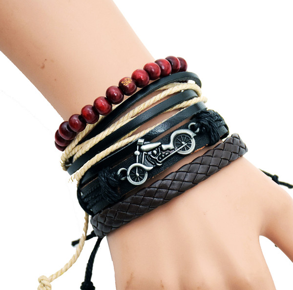 Fashion New Design Mens Bracelets Motorbike Vintage Genuine Leather Bracelet Wristband Cuff Jewelry Set Free Shipping