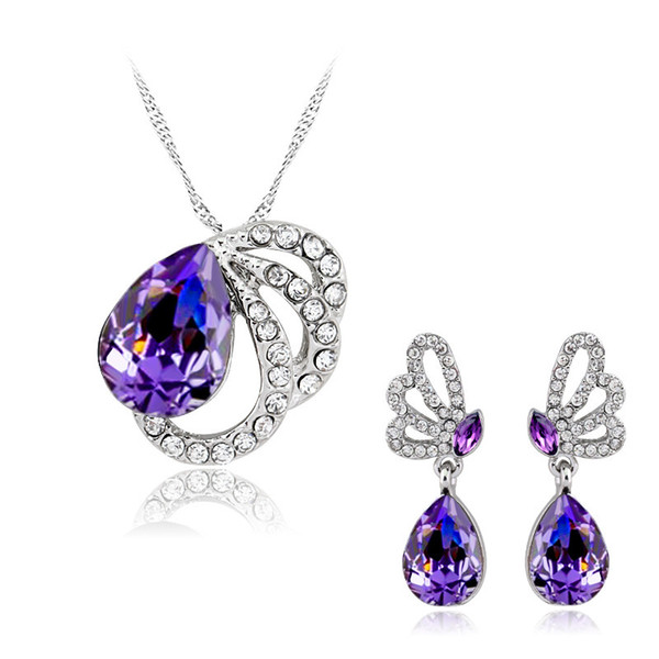 Women Wedding Butterfly Luxury Water Drop Austria crystal zircon earring and necklace suit fashion and beautiful