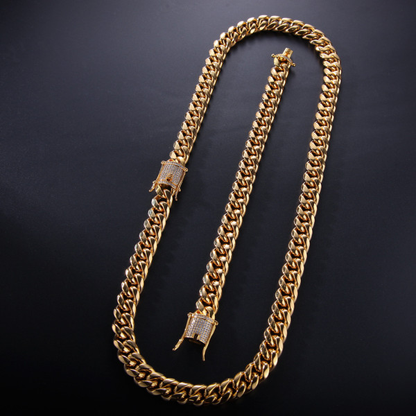 12mm 14mm Mens Cuban Miami Link Bracelet & Chain Set Rhinestone Clasp Stainless Steel Gold Hip Hop Necklace Chain Jewelry Set