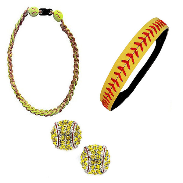 Softball Headband Set - Leather Seamed Headbands Yellow Red Stitching, Softball Post Earrings, Softball Titanium Necklace