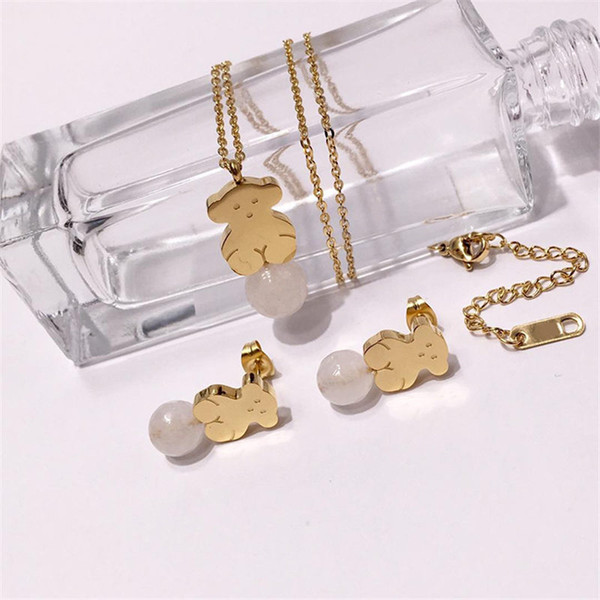 Luxury Bear Pendant Necklaces Earrings Sets Fashion Cartoon Bear Necklaces Animal Stud Earrings Women Gold Silver Rose Jewelry Sets