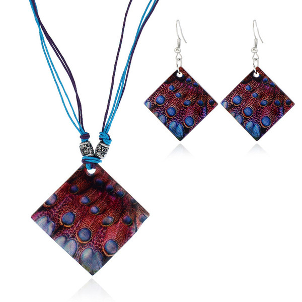 Bohemian national wind ornaments geometric shells painted pendant necklace suit S576