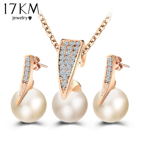 17KM Fashion Imitation Pearl Jewelry Sets Rhinestone Gold Color Necklace Sets for Women Bridal Wedding Water Drop Earrings