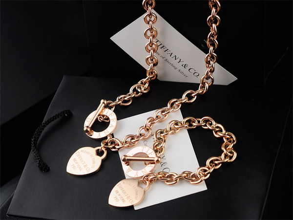 High Quality Celebrity design Letter 925 Silver Rose Gold bracelet necklace Silverware Fashion Metal Heart-shaped Jewelery Set 2pc With Box