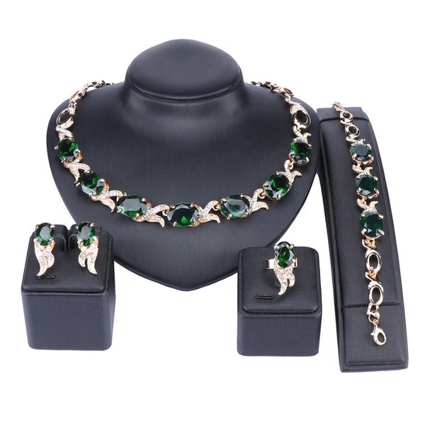 OUHE Bridal Gift Crystal Jewelry Set Women's Green Crystal Rhinestone Collar Necklace Drop Earrings Bracelet Ring for Wedding