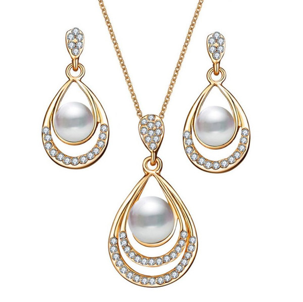 Jewelry sets Eerring Necklace plastic pearl Zinc alloy accessory with crystal diamond pendant gold silver plated metal chain