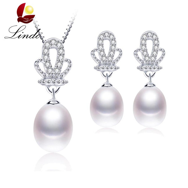 2017 new fashion jewelry set for women elegant 925 sterling silver crown pendant necklace&earrings top quality pearl jewelry