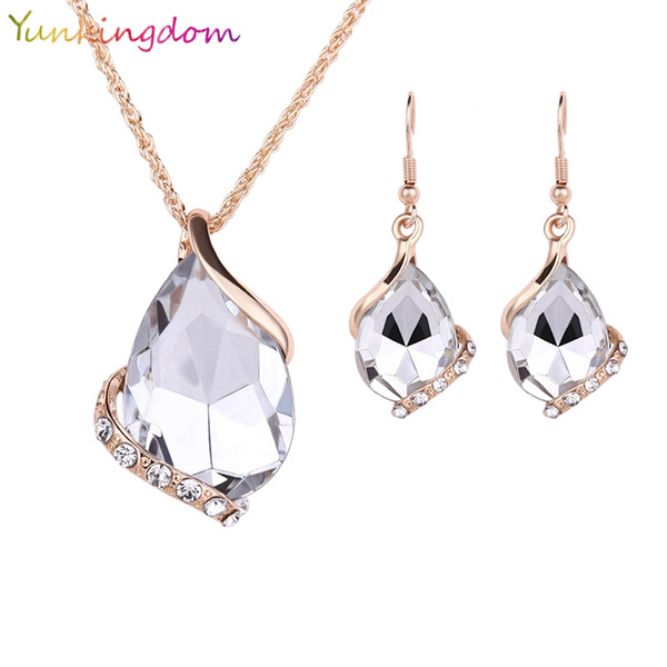 whole saleYunkingdom Charms Wedding Necklaces&Earrings Geometric Design Crystal Rhinestones Fashion Jewelry Sets For Women