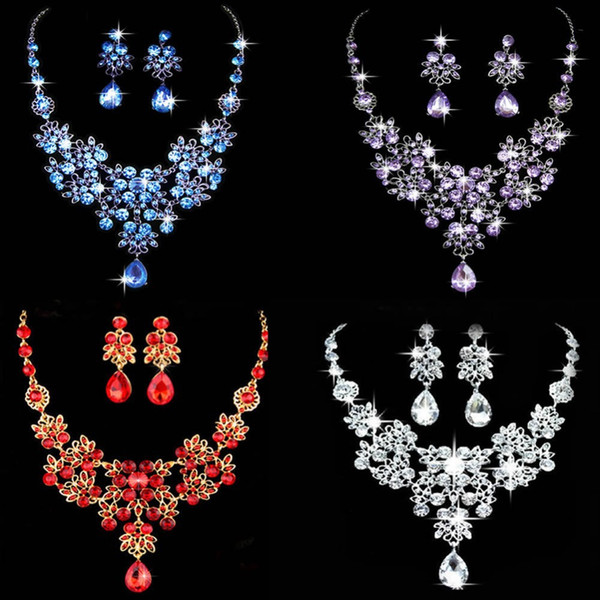 Bridal Wedding Party Jewelry Sets Crystal Rhinestone Pendant Necklace & Earrings