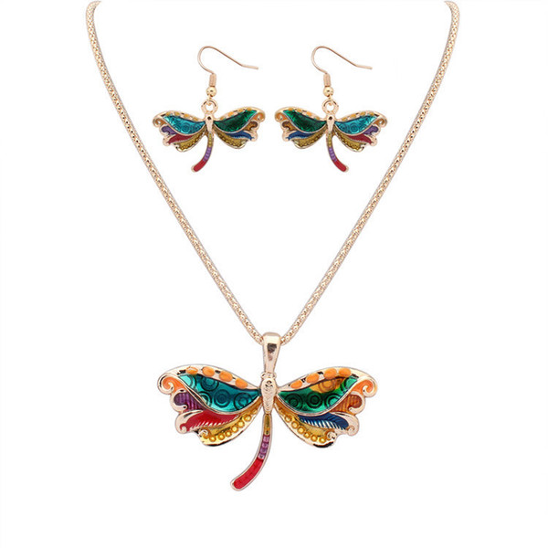 2017 Rainbow Dragonfly Jewelry Sets Luster Dragonfly Pendant Bohemia Jewelry Set Winter Sweater Necklace Christmas Gift