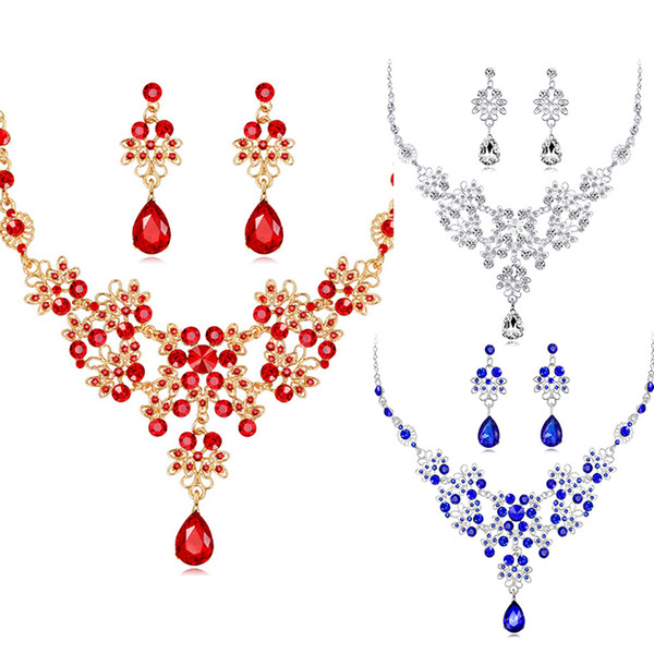 3pcs/set Wedding Dress Jewelry Set For Charm Of Women Necklace Earrings Set Of Chain Party Gift Drop Shipping Red Blue White