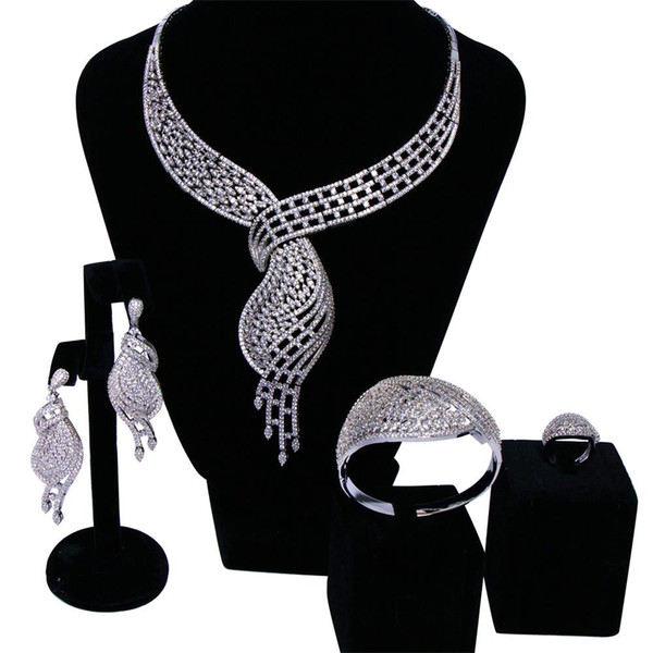 Vintage Bridal Jewelry Sets rhodium plated with Cubic zircon 4pcs sets ( necklace + bracelet + earrings ring) free shipment