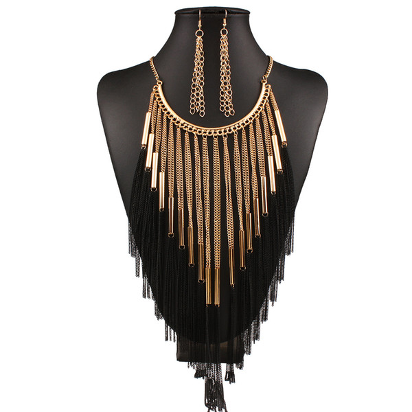 Alloy Necklace Earring Set , Europe and America Tassel Clavicular Chain Short Necklace Vintage Chain Alloy Collar Clothing Jewelry Women