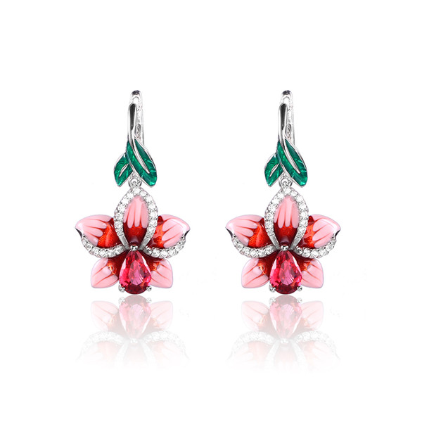 Fashion Pink Enamel silver orchid Jewelry Set (stub Earrings Pendant ring) Authentic 925 Sterling Silver women Jewelry