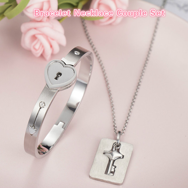 Stainless Steel A Couple Jewelry bangle necklace Sets Love Heart Lock Bracelets Bangles Key Pendant Necklace Couples jewelry