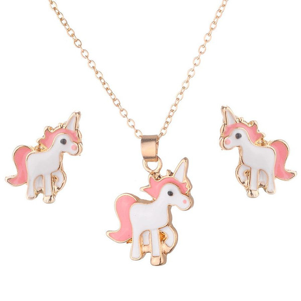 Hot new Necklace Earrings Cartoon Horse Unicorn Necklace Earring Jewelry Pink Girls Gift Jewelry