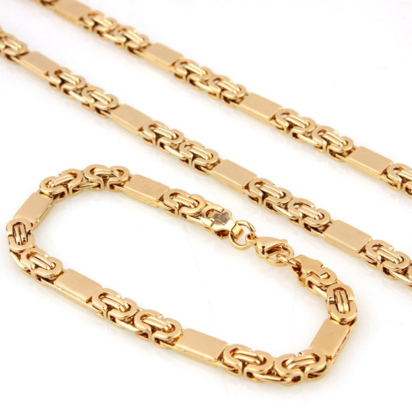 Jewelry Set 6mm Flat Byzantine Mens Boys Chain Necklace Bracelet Set Gold Tone Stainless Steel Chain Gift