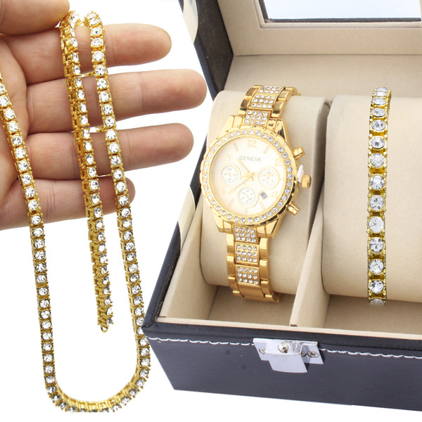 3Pcs/Set Hip Hop Iced Out Simulated Diamond Watch & 1 Row Diamond Stone Chain Men Watch Necklace And Bracelet Combo Set