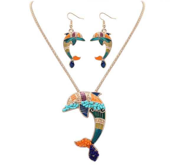 Bohemian Jewelry Sets For Women Fashion Jewelry Silver Plated Multi Color Enamel Tiny Cute Dolphin Pendant Necklace Earrings Set