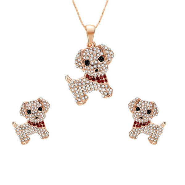 Women Fashion Rhinestones Dog Stud Earrings Pendant Necklace Jewelry Set Gifts new