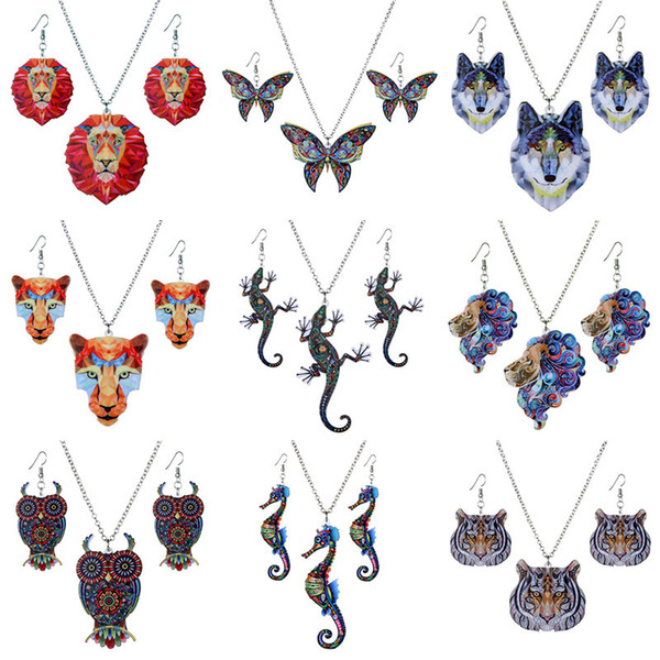 New Colorful Acrylic Animal Pendant Necklace and Earrings Set Fashion Jewelry Gift for Women Girl T2C319