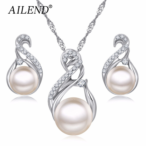 AILEND Trendy Jewelry Sets Wedding Silver Color Earrings Simulated Pearl Jewelry Set Women Necklace Set Bijoux collier brincos