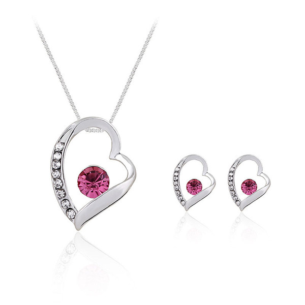 Crystal Heart Pendant Necklace Earings Jewelry Sets Diamond Hollow Heart Studs for Women Bride Bridesmaid Wedding Jewelry DROP SHIP 162188