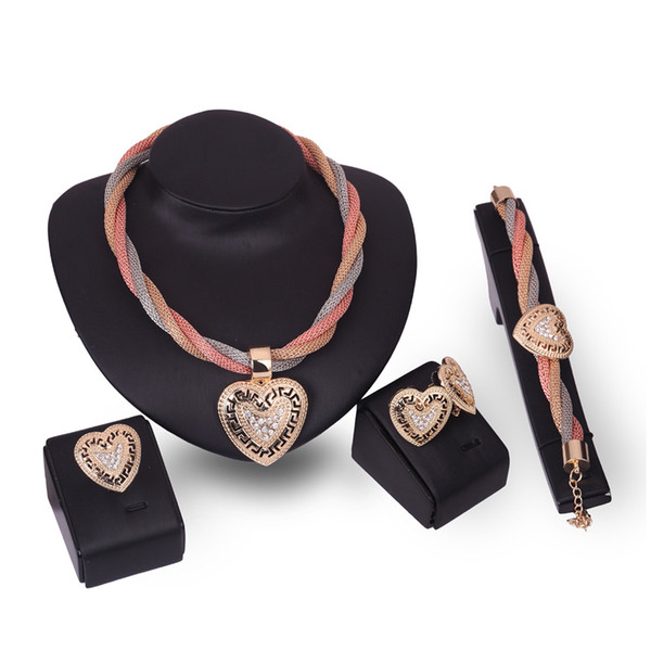 Wedding Rhinestone Jewelry Set Metal Hollow Heart Necklace Earring Ring And Bracelet In One Set