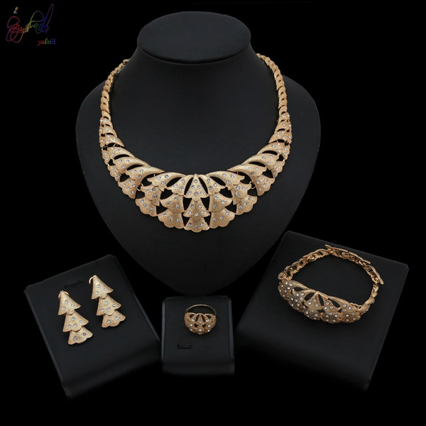 2019 New Arrival Nigerian Jewelry Design Necklace Bracelet Ring Earrings Four Sets For Women Wedding Occasion