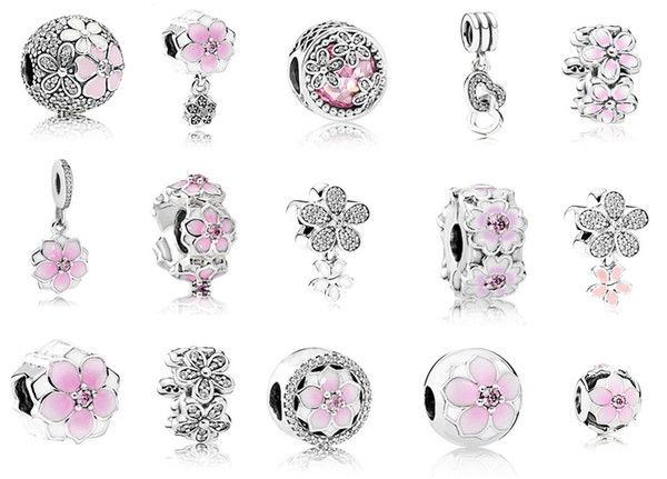 Fits Pandora 925 Sterling Silver Bracelet Pink Enamel Magnolia Crystal Dangle Beads Charms For European Snake Charm Chain Fashion DIY Jewelr