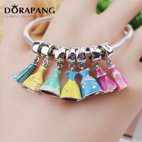 DORAPANG Promotion Enamel Princess Dress 925 Sterling Silver Hole Charm Pendant with Cute Pendant Fit European Pandora Bracelet Bangle 2006