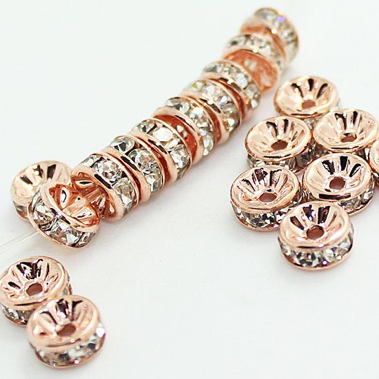 BULK LOTS 50 PCS Rose Gold With Clear Crystal Rondelle Rhinestone Beads Spacer Findings For Jewelry Making in 6mm