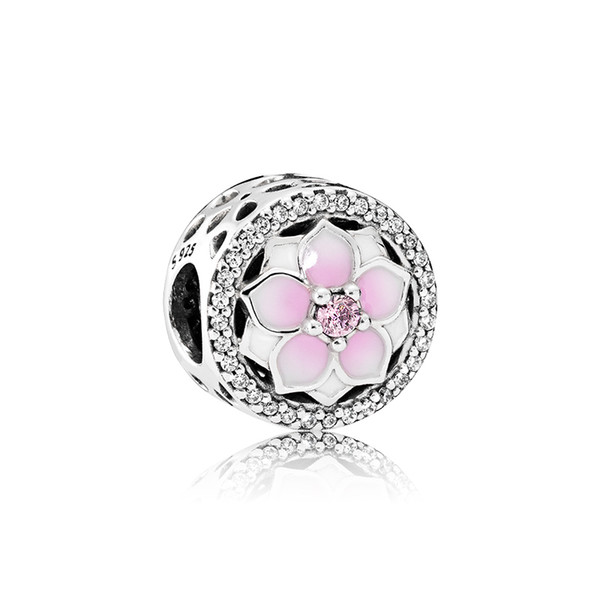 Free shipping Pink enamel flowers. Charm 925 Sterling Silver European Charms Beads Fit Pandora Snake Chain Bracelet DIY Jewelry